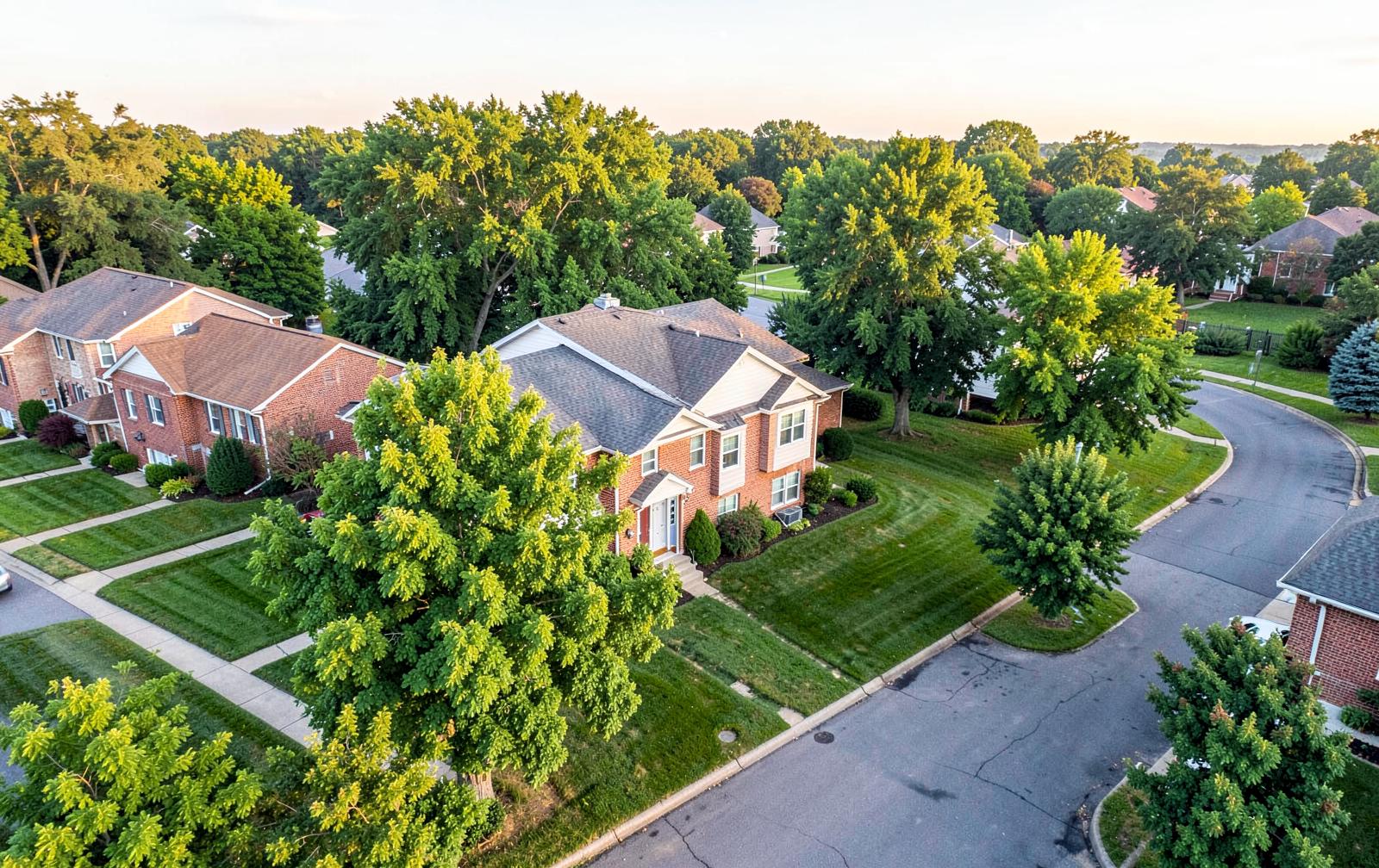 An aerial view of a residential neighborhood in the Indianapolis metro area